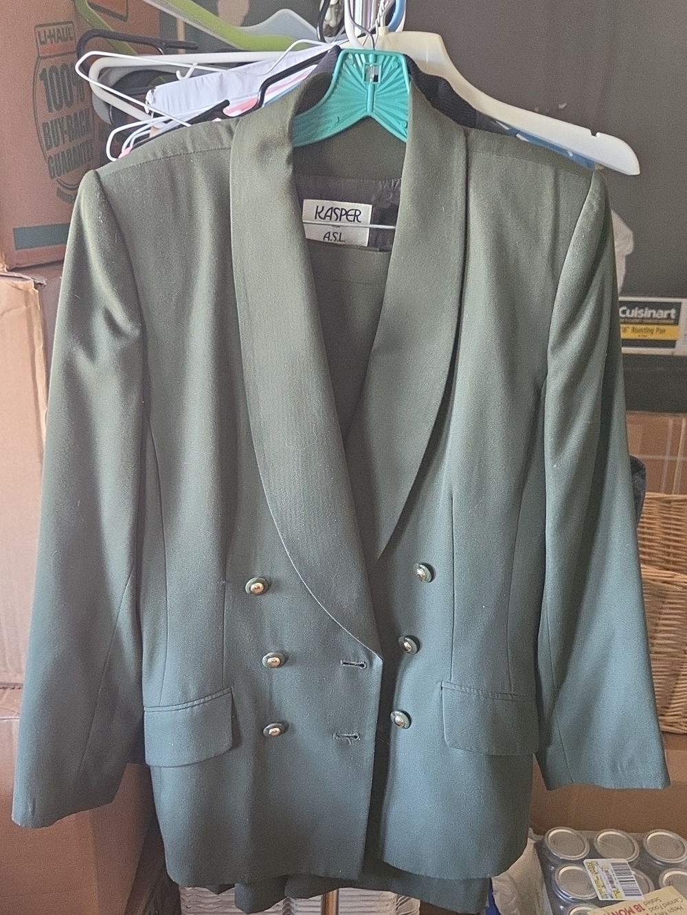 Kasper Olive Green Double-Breasted Blazer with Gold Buttons and Skirt Suit